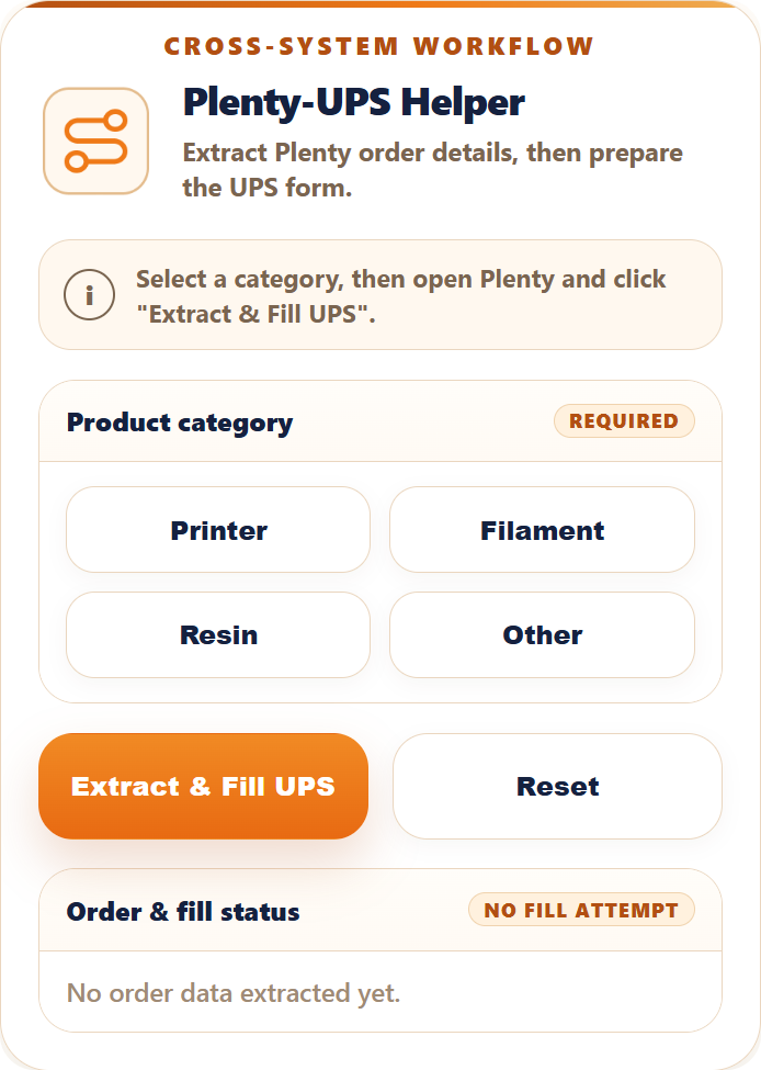 Plenty-UPS Helper initial state before selecting a product category