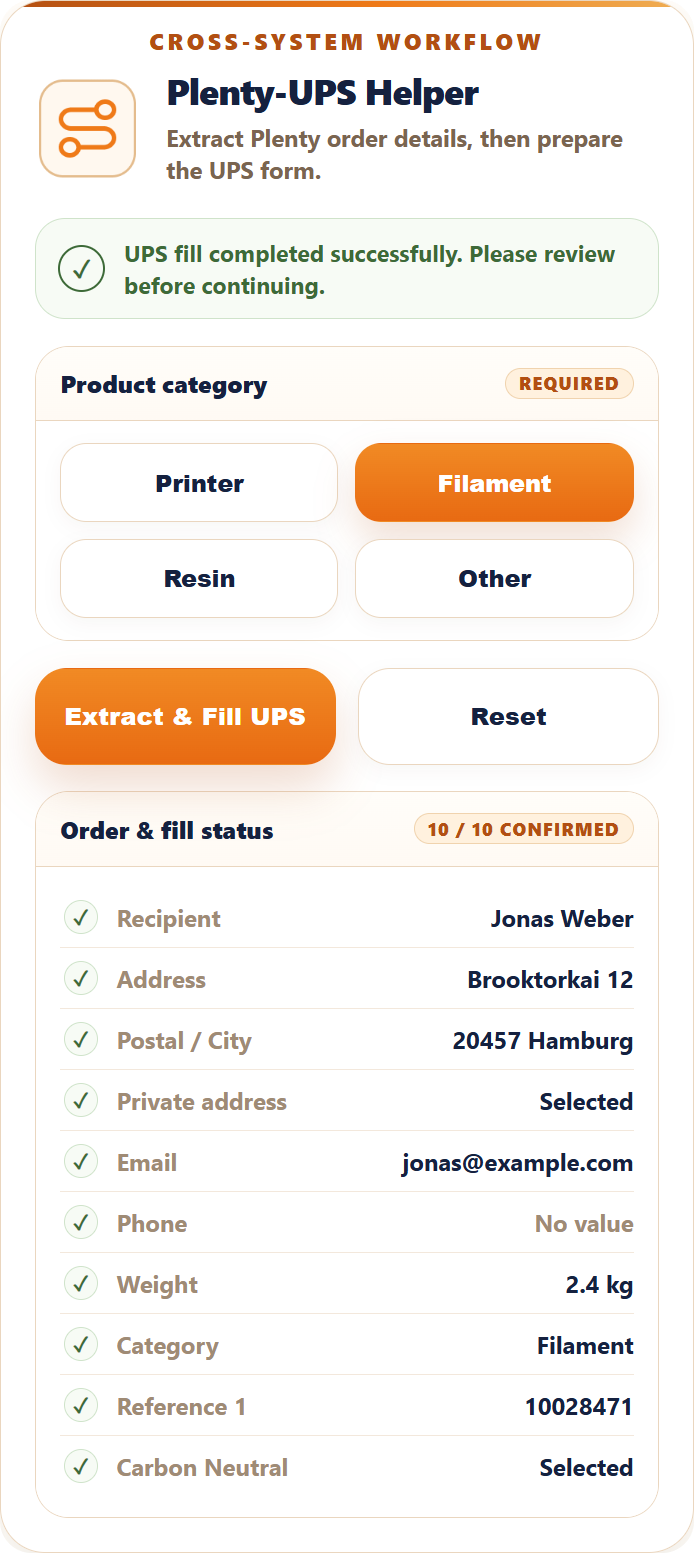 Plenty-UPS Helper completed fill status with confirmed fields