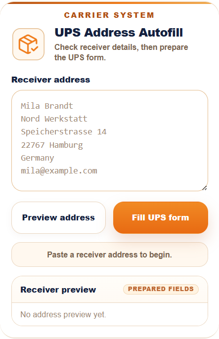 UPS Address Autofill ready state with sample receiver address
