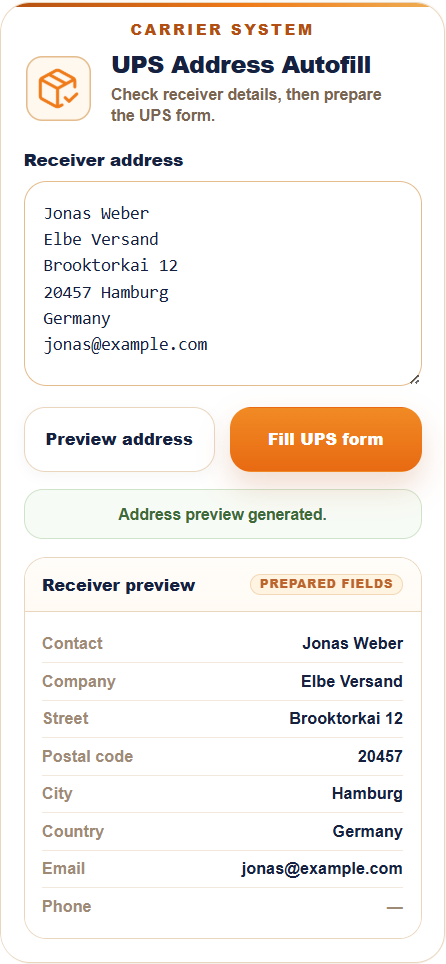 UPS Address Autofill prepared receiver preview